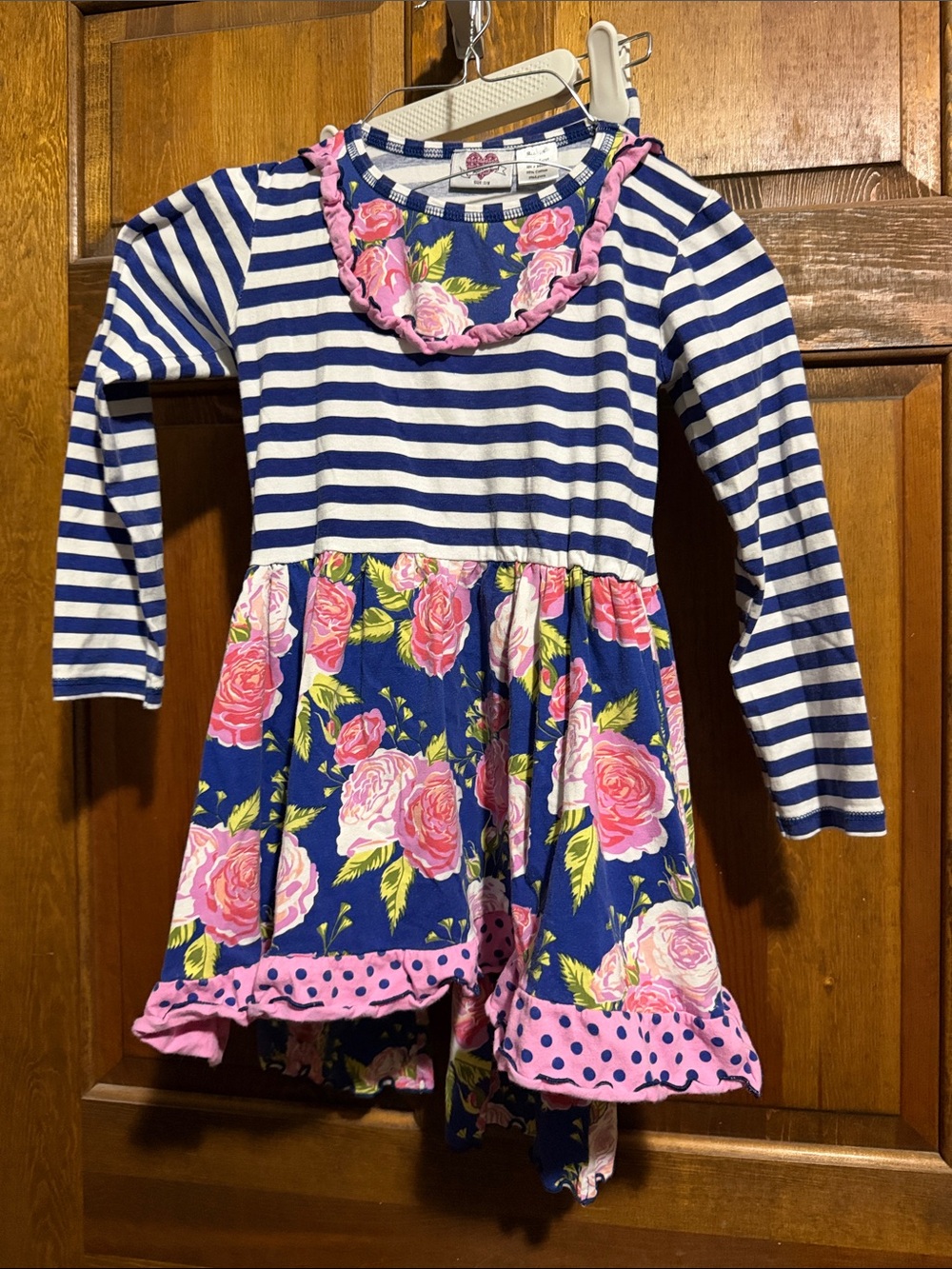 Ann Loren Navy Blue Striped and Floral Skirt Twirl Dress with Pink Accents 7/8